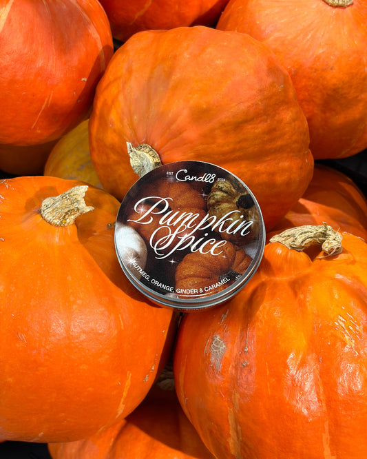 A round tin of Candle's Pumpkin Spice scented candle placed on top of a pile of orange pumpkins. 